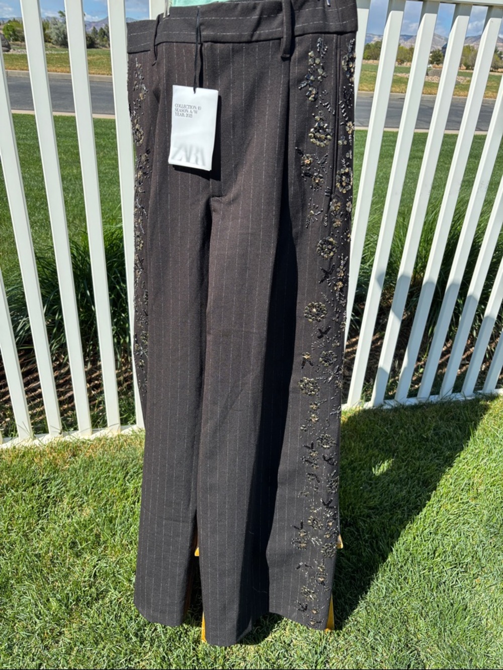 Zara NWT Beaded Trousers, Brown PinStriped, Size L, Inseam33”, Waist 32”